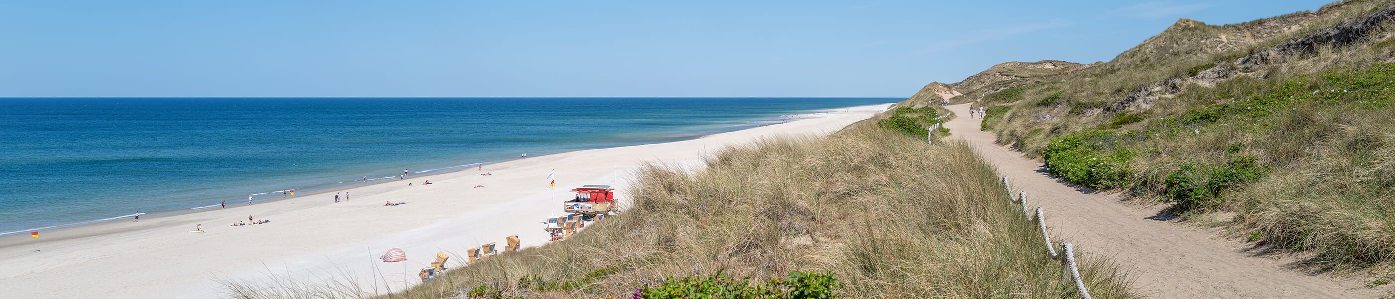 Küstenweg auf Sylt durch Dünen mit Blick auf Strand und Nordsee